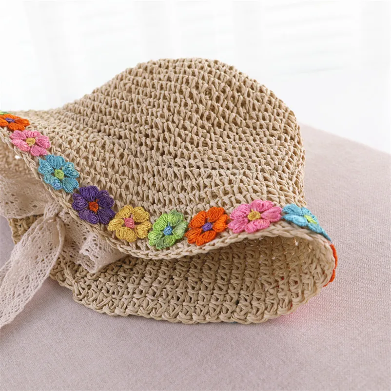 Adorable little girls sunflower embroidery straw cap casual kids simple beach hat for girls clothes accessories children hats