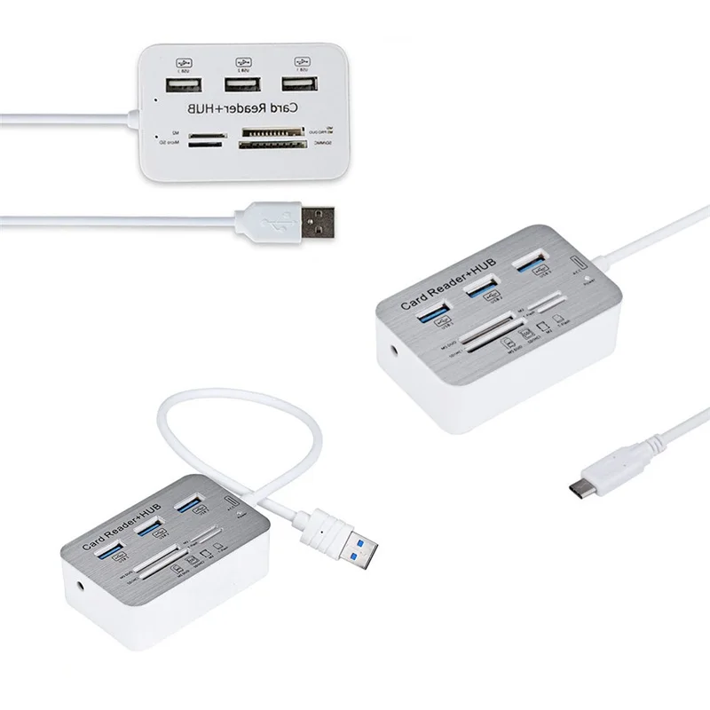 USB2.0 3.0 TypeC 3-Port Hub with MS SDXC M2 TF Multi-In-1 Card Reader for Mac PC
