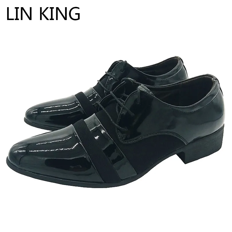 

LIN KING Black Patent Leather Men Oxfords Fashion Pointed Toe Business Dress Shoes Causal Man Lace Up Ankle Wedding Party Shoes
