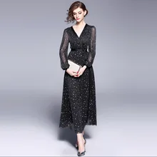 Women's Clothing Spring Long Sleeves Show Slender Dress High Waist Lantern Sleeve Dress A-line Long Dress V-neck Empire Dress a line long sleeve long dress