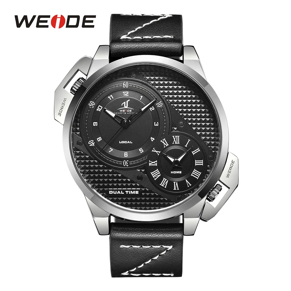 

WEIDE Sport Casual Business Personality Dial Dual Time Zone Movement Genuine Leather Strap Stainless Steel Clock Quartz Watches