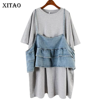 

[XITAO] Europe Fashion New Women O-neck Short Sleeve Loose Dress Female Ruffles Patchwork Casual Knee-length Dress XJ1352