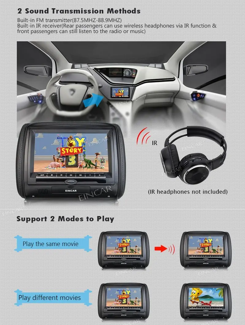 Twin 9-inch Portable DVD Players with RCA Input FM Transmitter LCD Monitor IR Headphone Auto Audio Headrest Video Player Stereo
