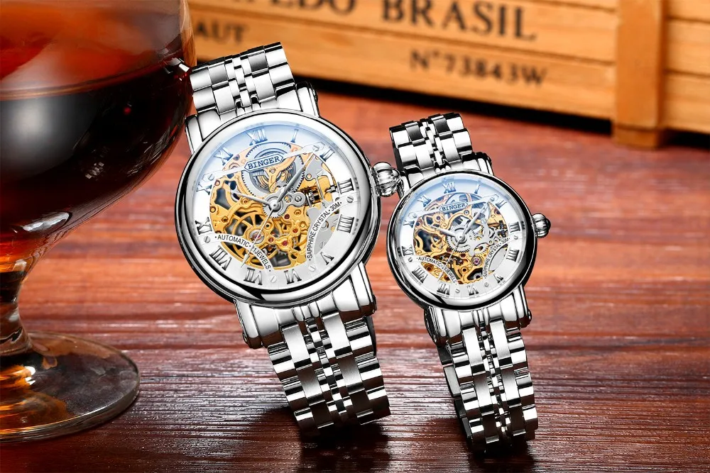 BINGER Luxury Gold Automatic Watches Skeleton Fashion Business Watch Men Mechanical Wristwatch Full Steel relogio masculino