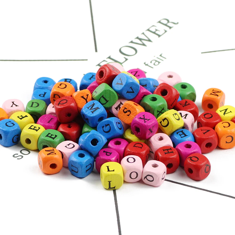 

WLYeeS 50Pcs Mixed Colors Print 26 Letters Square Wooden Loose Spacer Beads fit DIY Bracelet Jewelry Necklace Baby Toy Making