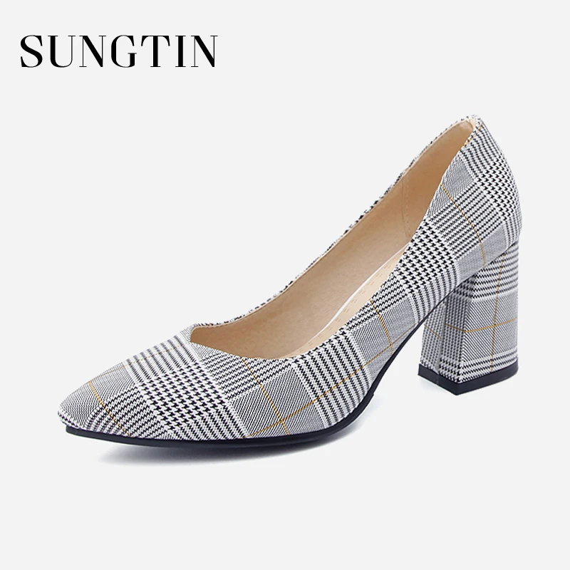 Koop Sungtin Mode Streep Vierkante Pumps Vrouwen Casual Classic Puntschoen Hoge Hakken Lente Vrouwelijke Handgemaakte Schoenen 7 cm Grote Size