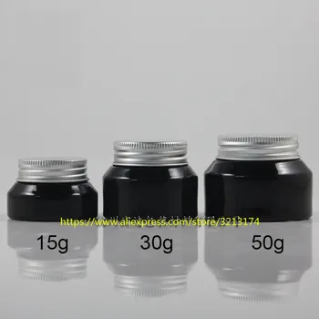 

wholesale 15g 30g 50g painted shiny black glass jar aluminum lid,eye cream mask cream facial cream mini sample container