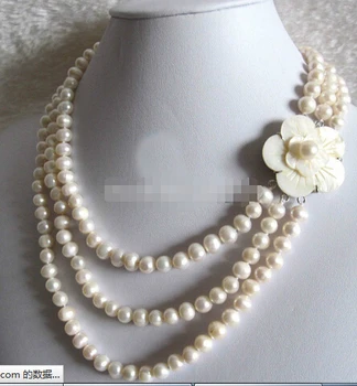 

17-20" 3Row 7-8mm White Freshwater Pearl Necklace Shell Clasp Natural>jewelry Quartz Crystal Women Wedding