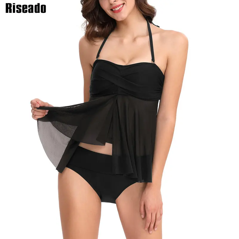 

Riseado New 2019 Swimwear Women Solid Two-piece Swimsuit Halter Sexy Mesh Swimsuits Tankini Set Bathing Suits Beachwear
