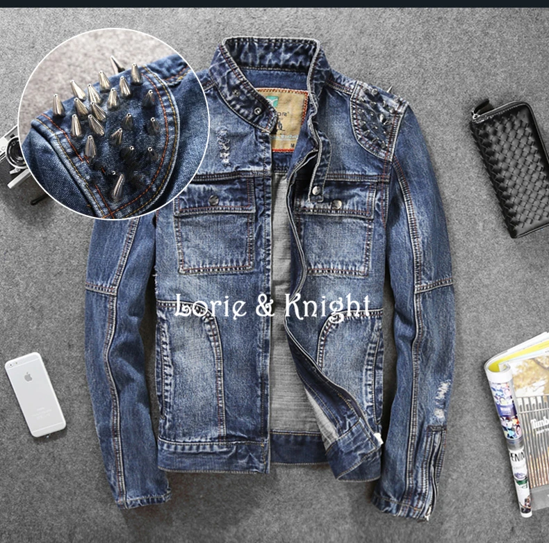 Spring & Autumn Rivet Hole Outfit Mens Slim Fit Demin Studded Jeans