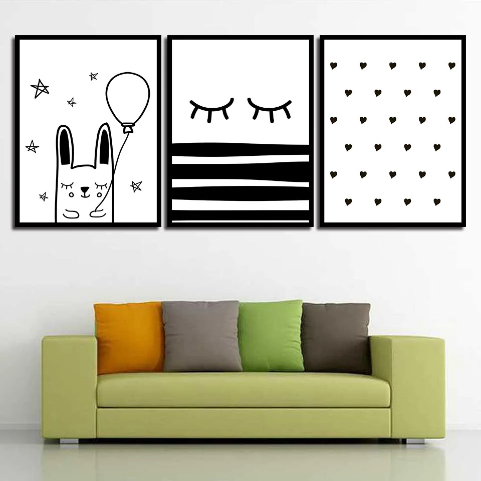 Nordic-Poster-Wall-Art-Print-Cute-Rabbit-Balloon-Pictures-Living-Room-Modern-Canvas-Black-And-White