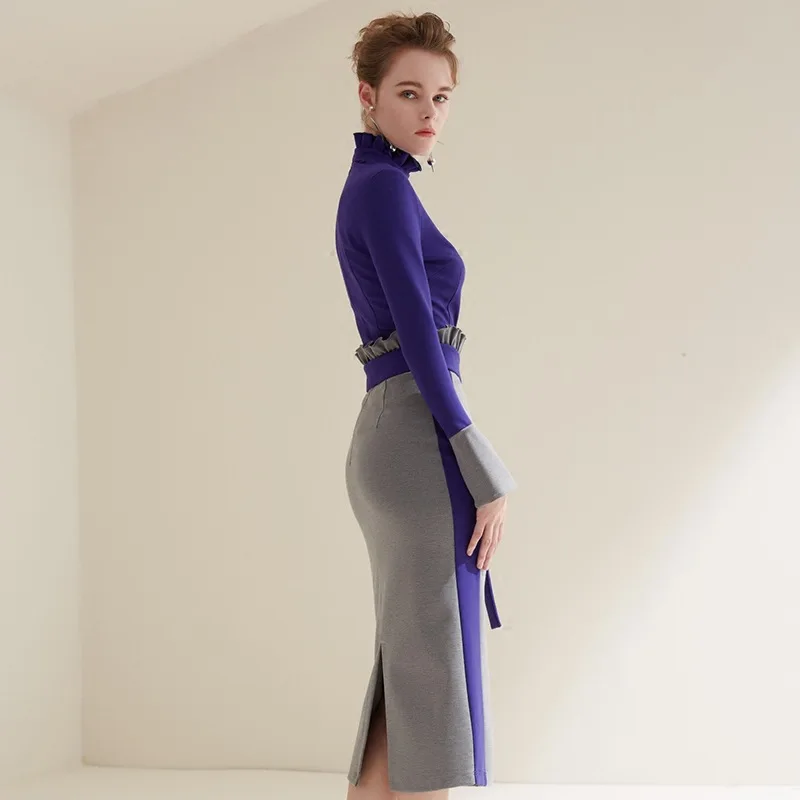 Multiflora 2018 formal dress women elegant purple long sleeve ruffle turtle neck offcie dress winter empire bodycon women dress