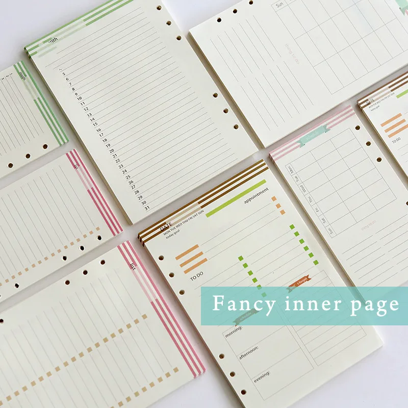 

Original cute colorful 6 holes inner paper core/replacement papers for spiral notebooks:list,daily weekly monthly planer A5 A6