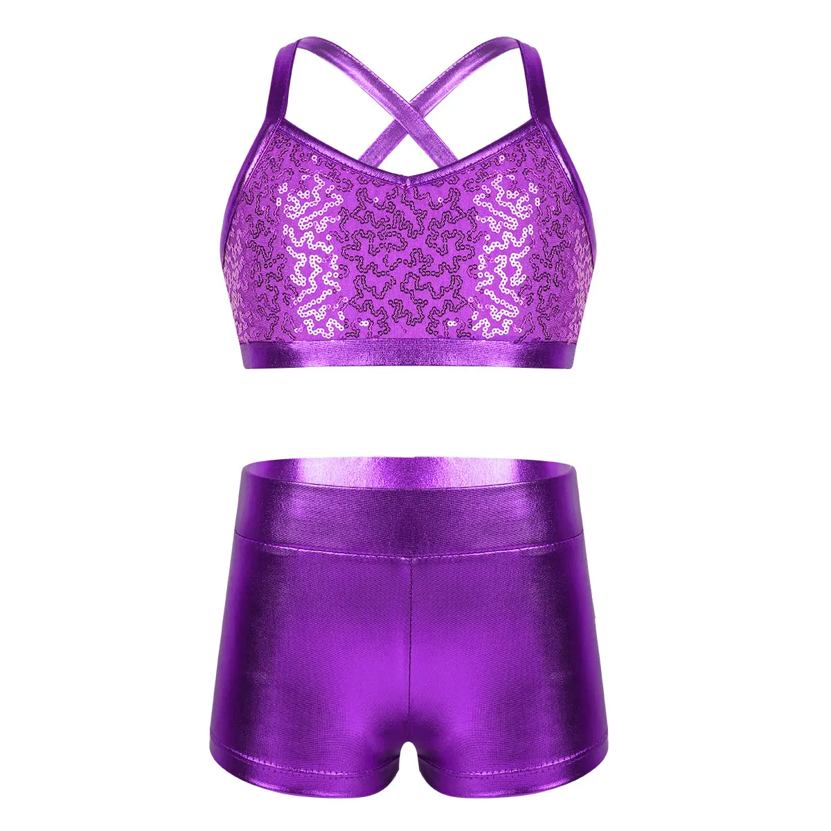 ChicTry/Детские Балетные гимнастические шорты с блестящими блестками на бретельках, укороченные топы, наряд для девочек, танкини для сцены, танцевальная одежда - Цвет: Purple