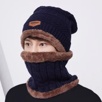 XdanqinX зимняя теплая шапка для мужчин вязаные шерстяные шапки Skullies шапочки плюс бархатная Толстая Лыжная маска шеи с капюшоном ветрозащитные шляпы - Цвет: navy blue