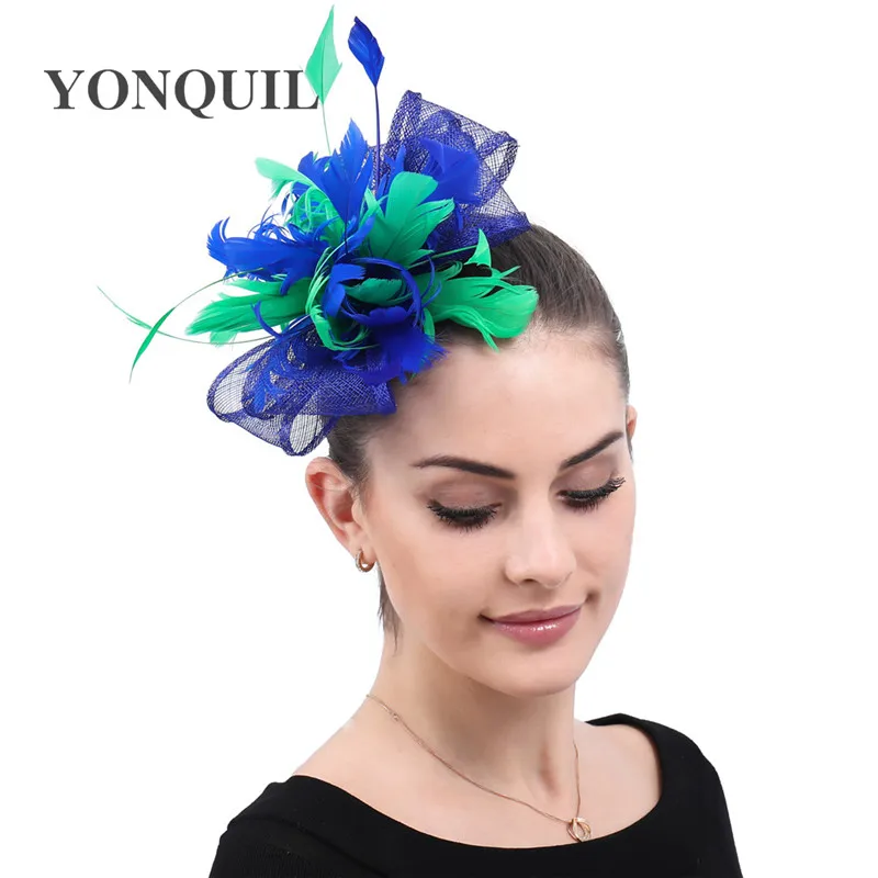 Royal Blue With Green Bride Women Fascinator Hat Elegant Ladies Show Headwear With Hair Clip Bridal Wedding Hair Accessories