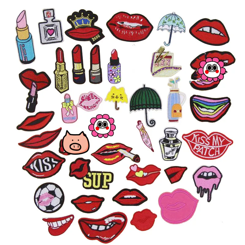 

New arrival 10 pcs lip perfume bottle umbrella Embroidered patches iron on clothing Motif Applique hat bag embroidery accessory