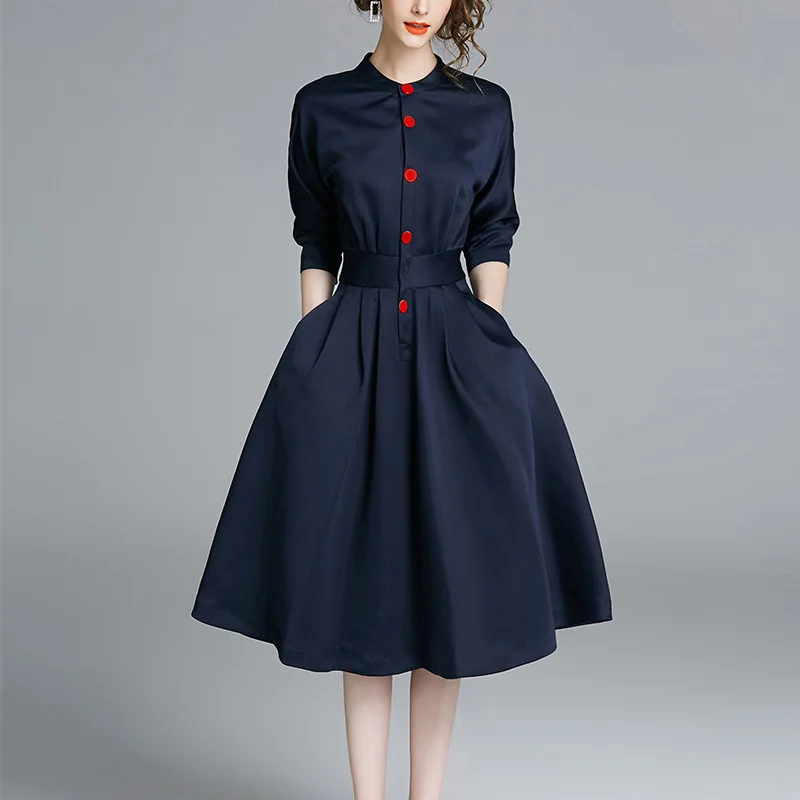 

2018 Spring Autumn Women Bust Button Dress Solid Pleated Elegnat A-lineDresses Office Wear to Work Ladies Bodycon Dress Vestidos