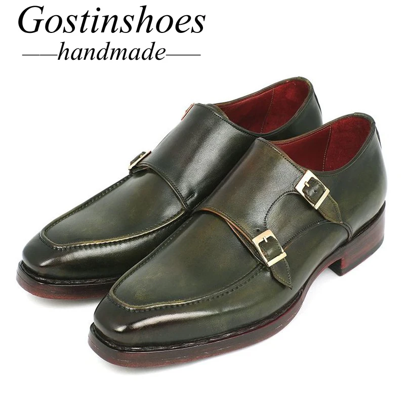 

GOSTINSHOES HANDMADE Buckle Straps Men Shoes Genuine Leather Slip-On Oxford Shoes Green Red Hand-Painted Goodyear Welted SCT33
