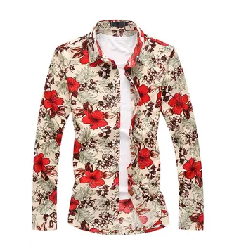 

New 2018 Trend Fashion Mercerized Cotton Long Sleeve Men's Shirt Casual Flowers Printed Shirt Red Floral Hawaiian Shirt 5XL 6XL