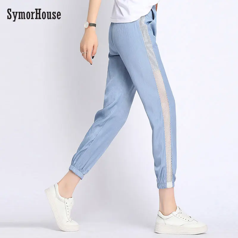 

SymorHouse 2019 new Sweatpants Women Casual Harem Pants Loose Trousers For Women Mesh Striped Side Thin Pants Capris Female 3XL
