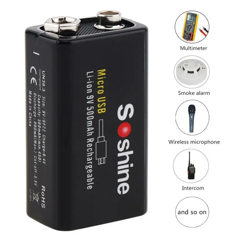 IG-Soshine 2 шт 9 V 6F22 500 Mah Li-Ion 7,4 V 3.3Wh перезаряжаемая батарея Micro-Usb защищенная для мультиметра беспроводной микрофон A