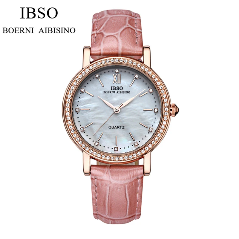 IBSO Роскошные Брендовые женские часы с кожаным ремешком Модные кварцевые часы с кристаллами и бриллиантами Montre Femme - Цвет: Gold pink