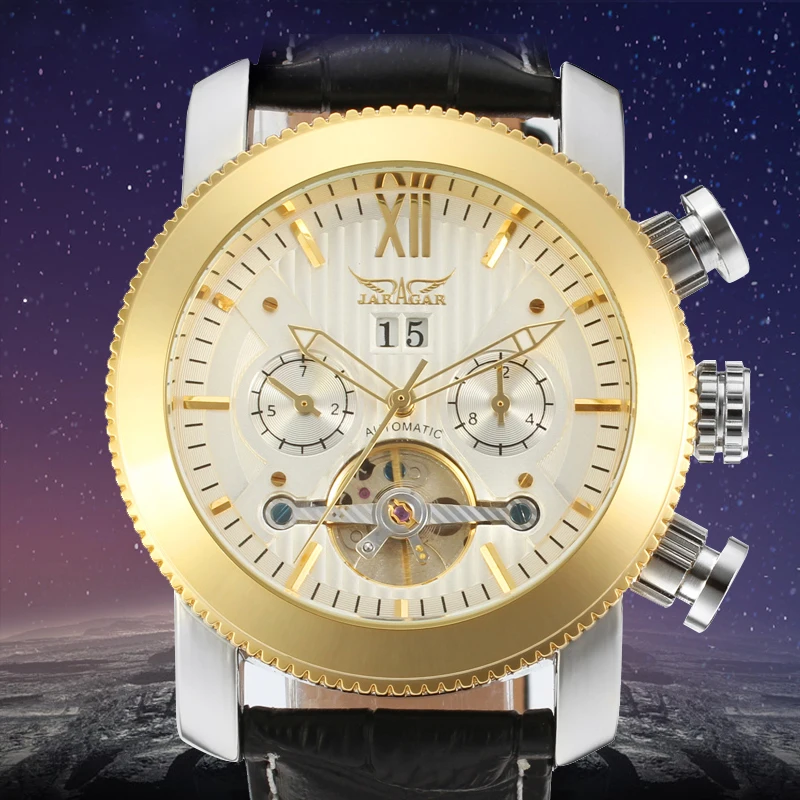 

JARGAR Automatic Mechanical Men Watches Army Triangle Calendar 24Hour Dial Real Leather Sport Wristwatch Relogio Masculino(