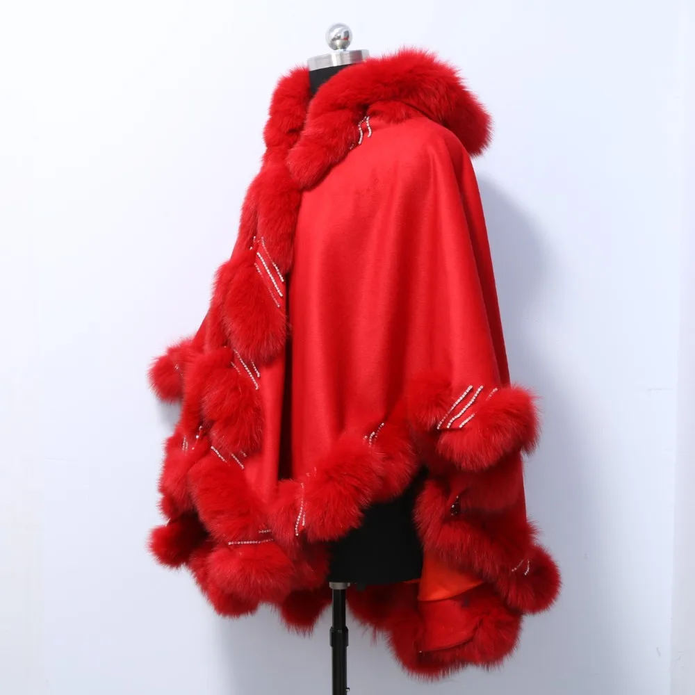 Новая, Прямая, кашемировая накидка с настоящим бренд Fox Fur Trim, длина 90 см с кристаллами и капюшоном