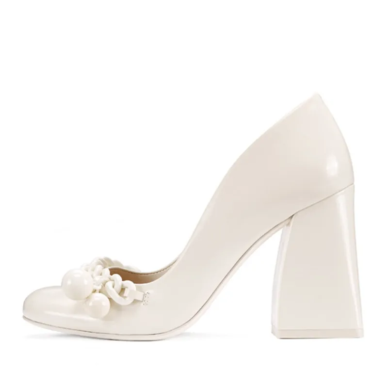 Ystergal/модные женские туфли-лодочки; белые туфли на высоком массивном каблуке 8 см, украшенные цепочками; свадебные модельные туфли; женские туфли на шпильке - Цвет: Белый