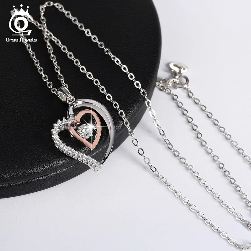 ORSA JEWELS Genuine 925 Silver Double Heart Pendant Necklace with 0.3 ct Crystal Rhodium mixed Rose Gold Color Necklaces SN15 - Image 5