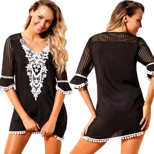 

Women's Tassel Beachwear Summer Hollow Out Bikini Kaftan Half Sleeve Cover Up Sarong Dress Tops Swimwear Cover Dress Sundress