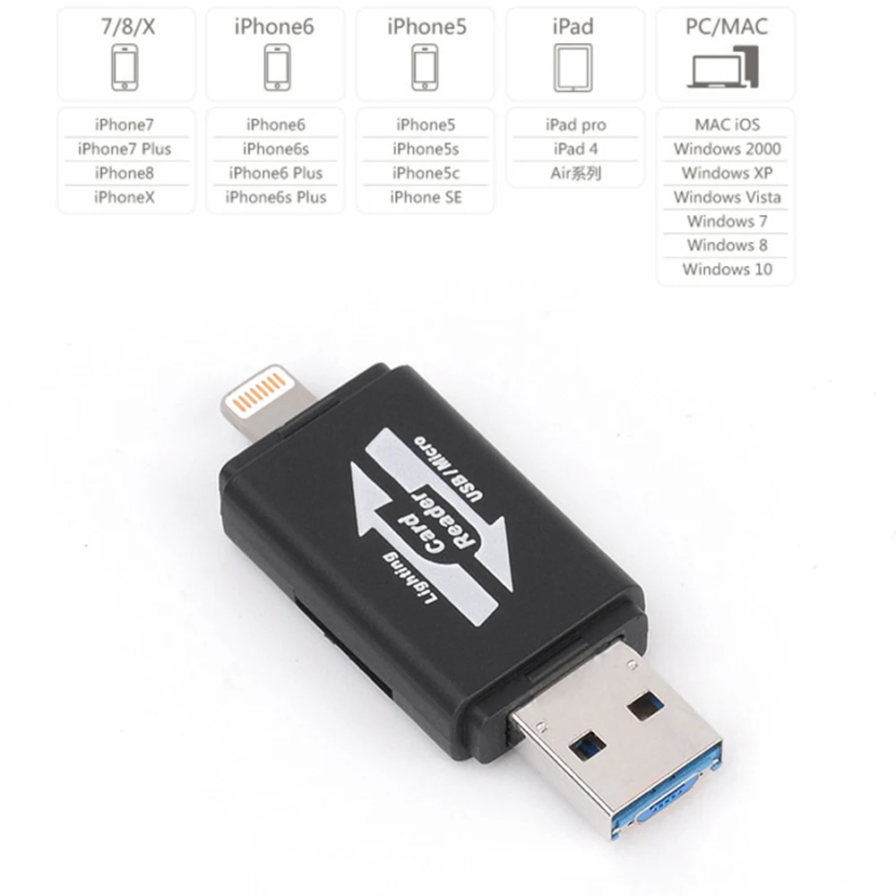 TF кард-ридер, 3,0 USB устройство для чтения карт памяти игровая камера для iPhone iPad iOS Android Mac-Поддержка Micro USB OTG 3 в 1(черный