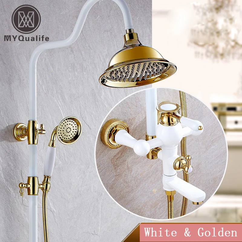 

White & golden Luxury Rainfall Bath & shower Faucet Set Single Handle Rotation Tub Filler Height Adjustable Mixer Taps