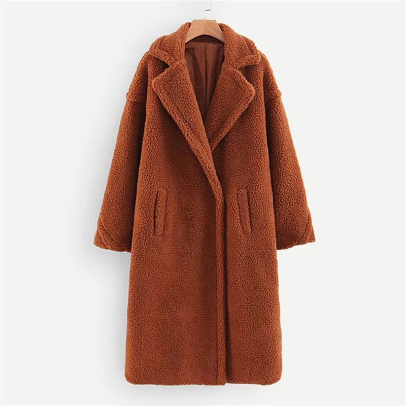 COLROVIE Brown Solid Pocket Open Front Casual Teddy Coat Women Autumn Fashion Warm Long Coat Office Ladies Elegant Outwear