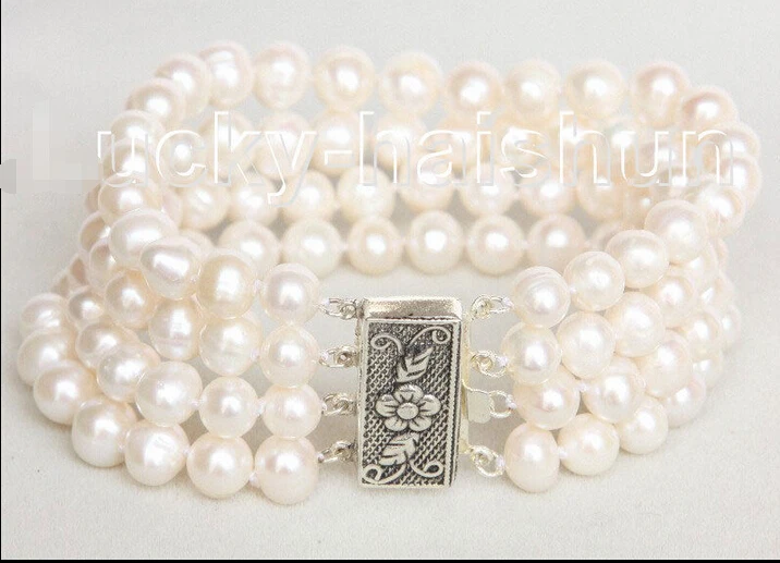 

8" 4 Strand 8mm white FW pearls bracelet 925 silver clasp j10685 @^Noble style Natural Fine jewe SHIPPING 5.25