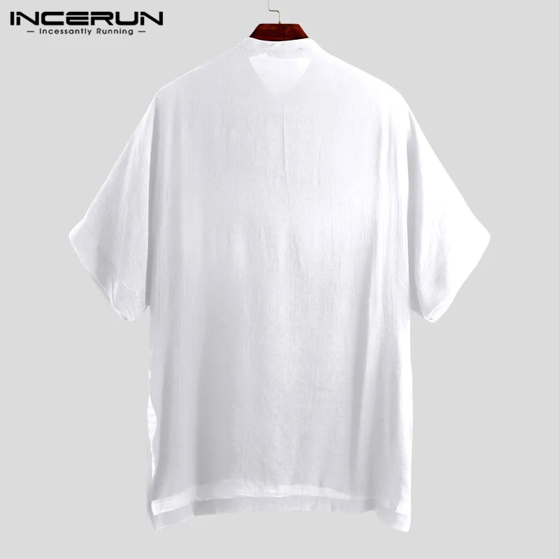 INCERUN/2019, однотонная мужская рубашка с воротником-стойкой, дышащая рубашка с короткими рукавами на пуговицах, Camisa Masculina, удобная мужская