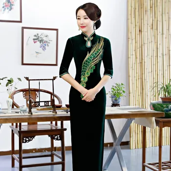 

Sexy Lady Velour Cheongsam Spring Traditional Chinese style Long Dress Womens Mandarin Collar Qipao Slim Party Dresses Vestido