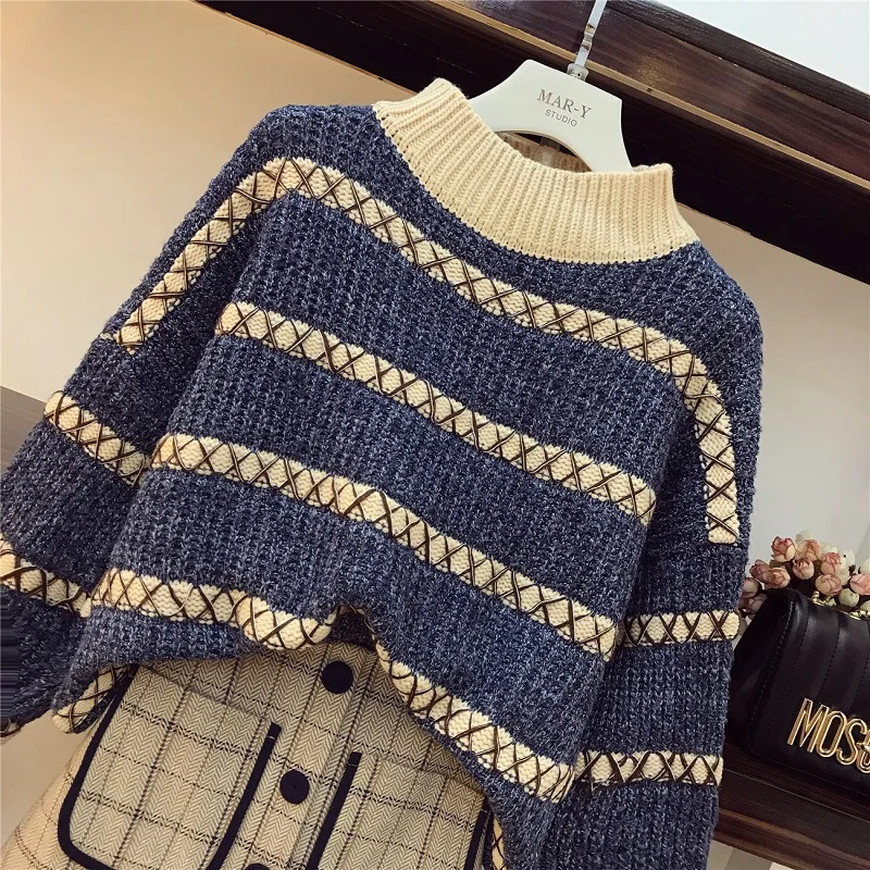 CBAFU M-4XL размера плюс 2 шт набор длинный рукав полосатый свитер пуловер твид А-силуэт юбка костюм женский комплект осень зима P059