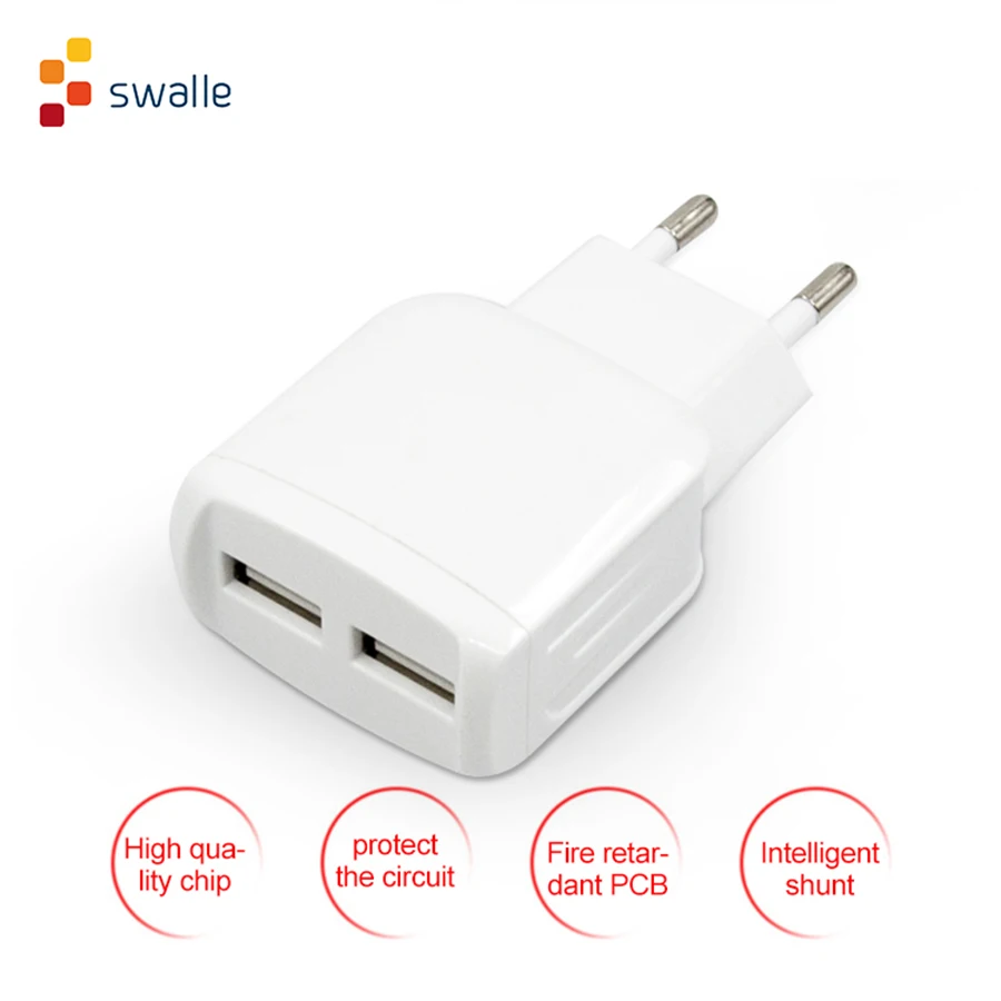 

Swalle EU Plug Dual USB Mobile Phone Charger with Extra Cable Travel Wall Charger Adapter For iPhone iPad Samsung Xiaomi 5V 2.4A