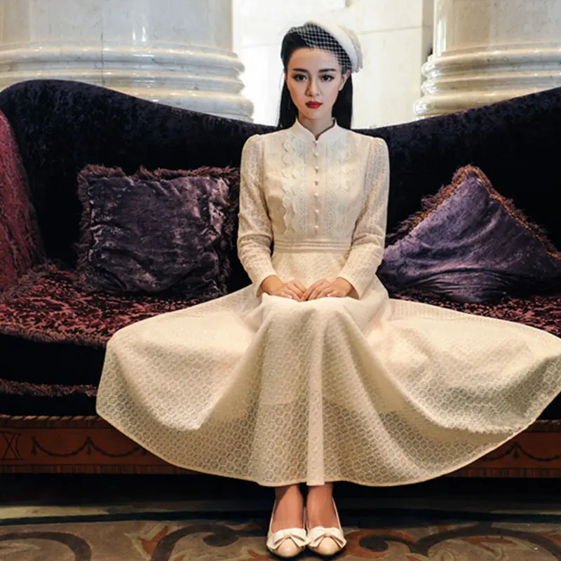 

High Quality Explosions Leisure Vintage Elegant Dresses Women Retro Embroidery Lace Full Sleeve Spring Summer Dress Wedding Gift