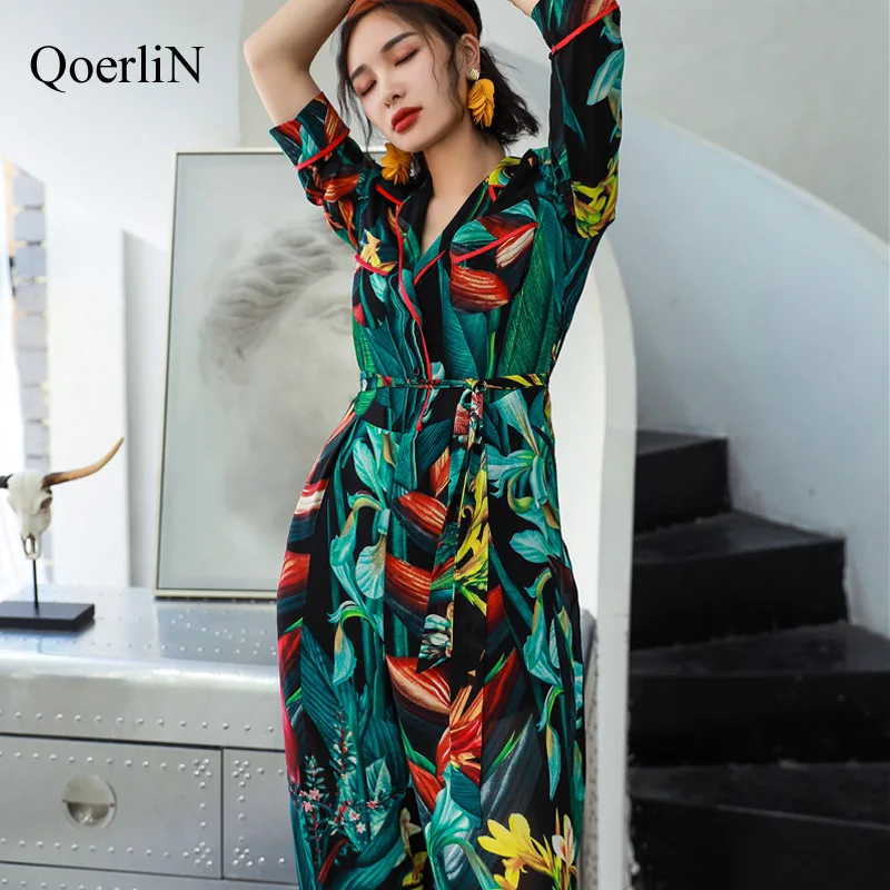 QoerliN Summer New Jumpsuit Female Holiday Printing High Waist Loose Long Trousers Chiffon One-Piece Wide-leg Overalls Women Hot Jumpsuits and Playsuits