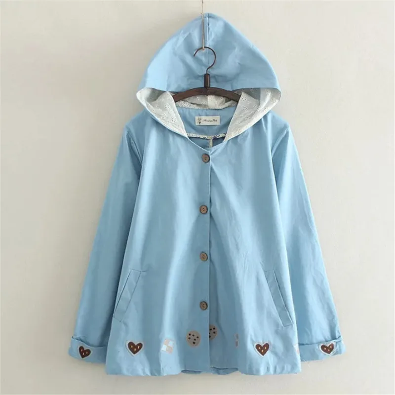 MERRY PRETTY 2017 Autumn Women Basic Jacket Pocket Button Hooded Heart Embroidery Cotton Outwear Loose Pink Coats Girls Jackets