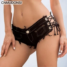 Новинка года уличная пикантные рваные Подол ночной клуб для женщин низкая талия джинсовые шорты Горячие Джинсы панк Рок веревка бретели для