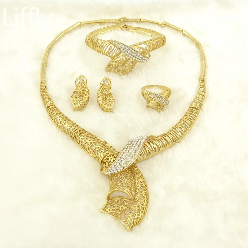

Liffly Fashion Africa Long Crystal Necklace Dubai Lady Gold Jewelry Accessories Bride Wedding Party Jewelry Set / Free Shipping