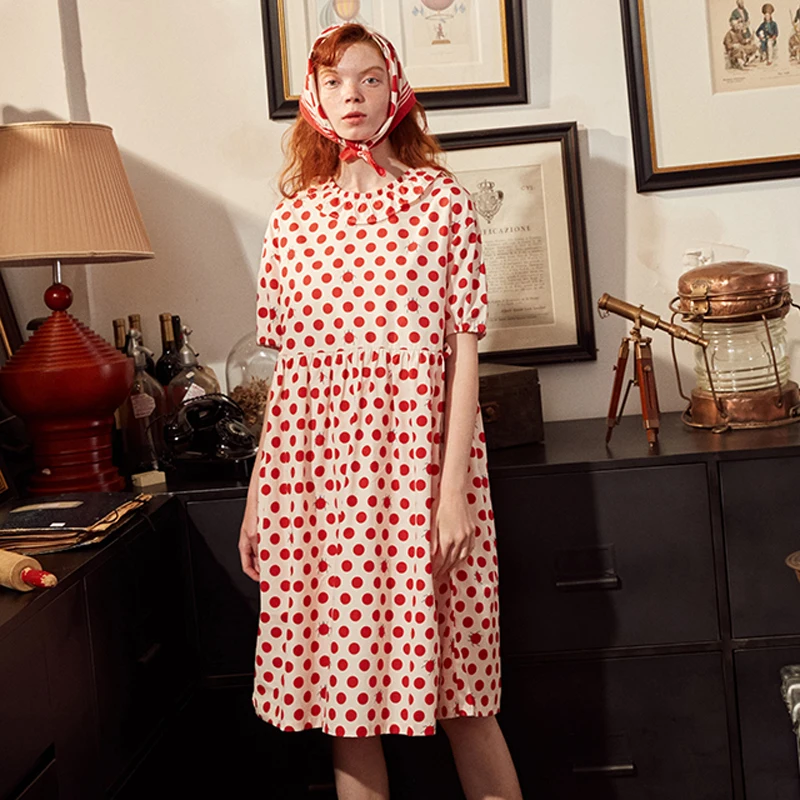 

Fashion Design Women Summer Dresses Ruffled Collar Short Sleeve Cotton Loose Dress Femme Preppy Knee-length Polka Dot Print