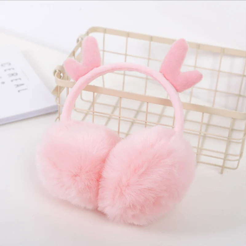 Корейская версия новых плюшевых наушников в виде рога, зимние теплые модные выдвижные Наушники с защитой от кроличьей шерсти, теплые наушники в виде лося - Цвет: Pink
