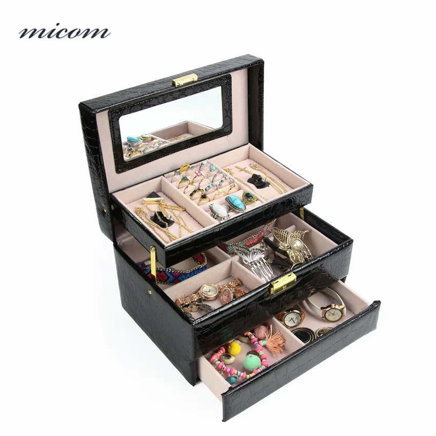 

Micom Three Layers Leather Jewellery Boxes and Packaging Travel Mirror Jewelry Box Organizer Cosmetic Makeup Case with Lock