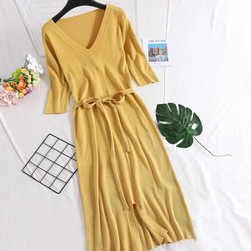 Women Dress Для женщин осенняя блузка с v-образным вырезом, четвертьрукав, плиссированная Базовая вязаное платье Повседневное со шнуровкой бинт эластичный тонкий Высокая Талия платье-пуловер - Цвет: Women Dress