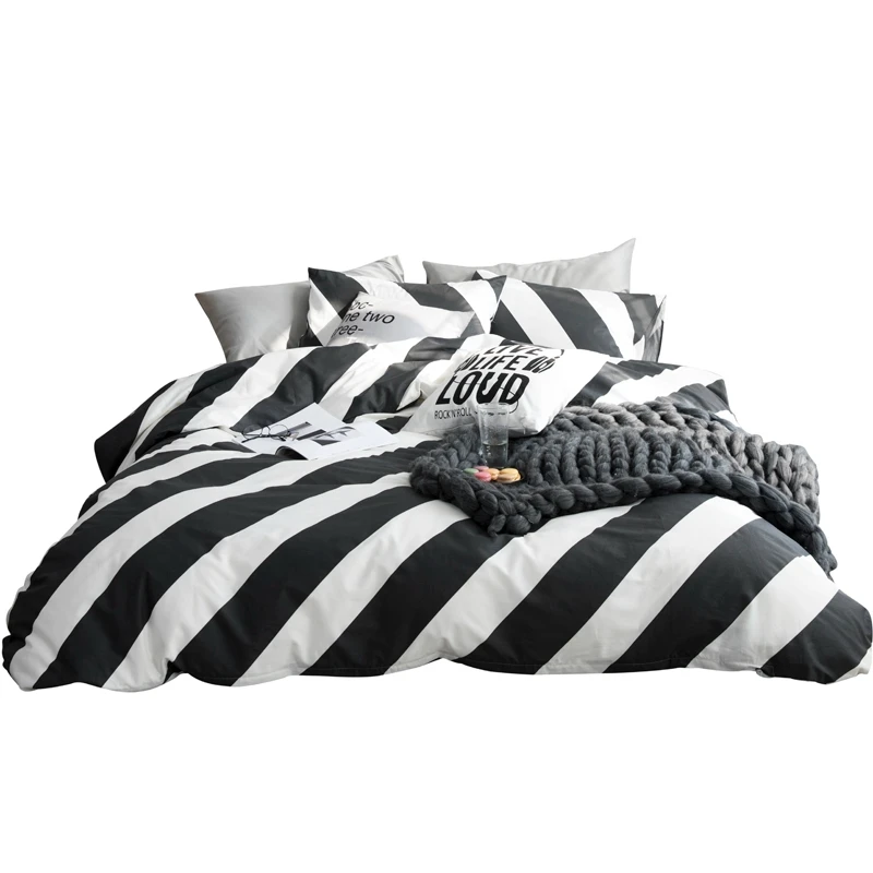 

TUTUBIRD white and black striped Linen Bedclothes 100% cotton brief simple bedding set duvet pillow cover 4pcs queen Twin size